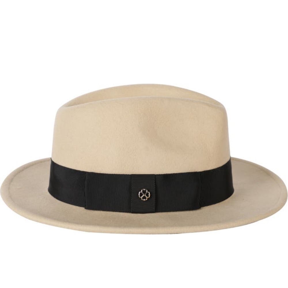 Kate Spade Beige Wool Fedora Hat Black Logo Bow Band One Size